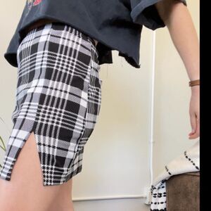 Plaid School Girl Black and White Mini Skirt w Slit